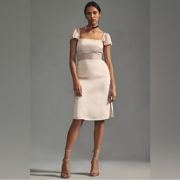 Anthropologie Dresses & Skirts - By Anthropologie Flutter-Sleeve Satin Sheath Dress in Light Sand